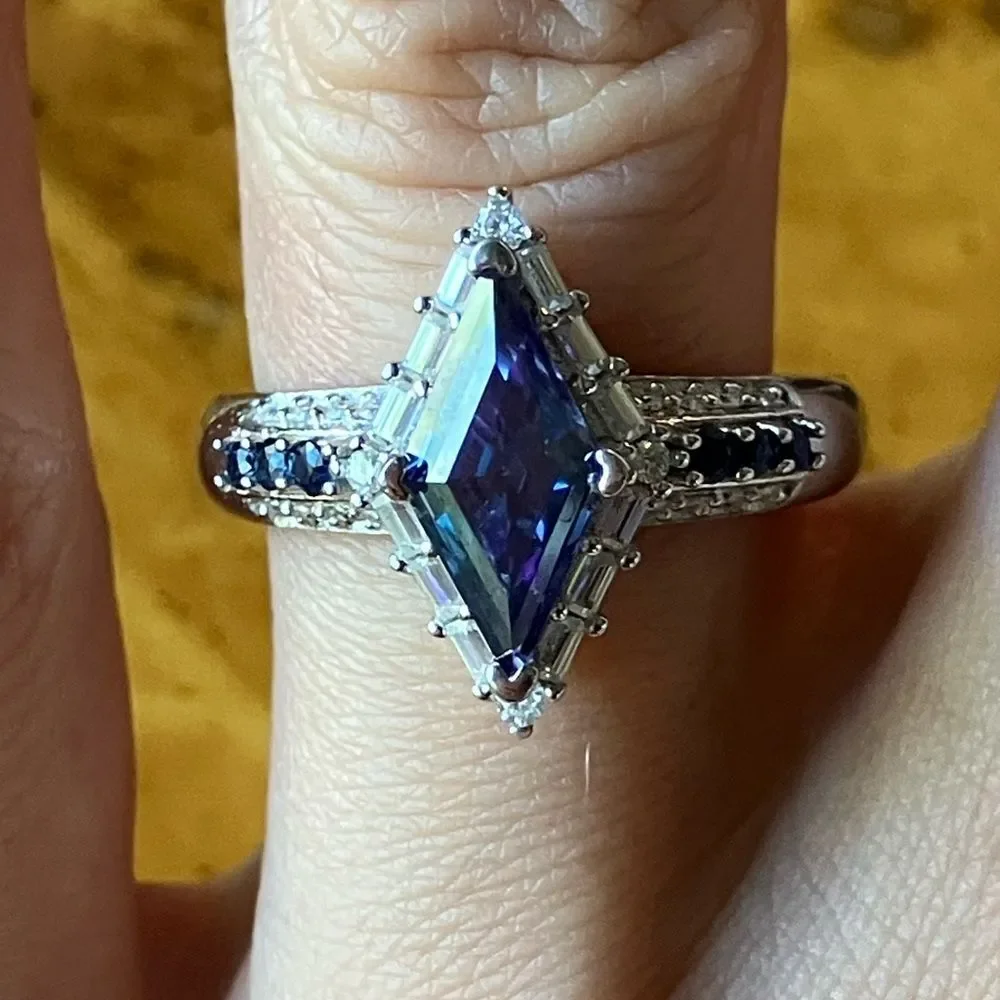 Authentic Blue Moissanite Sterling Silver Ring Size 8